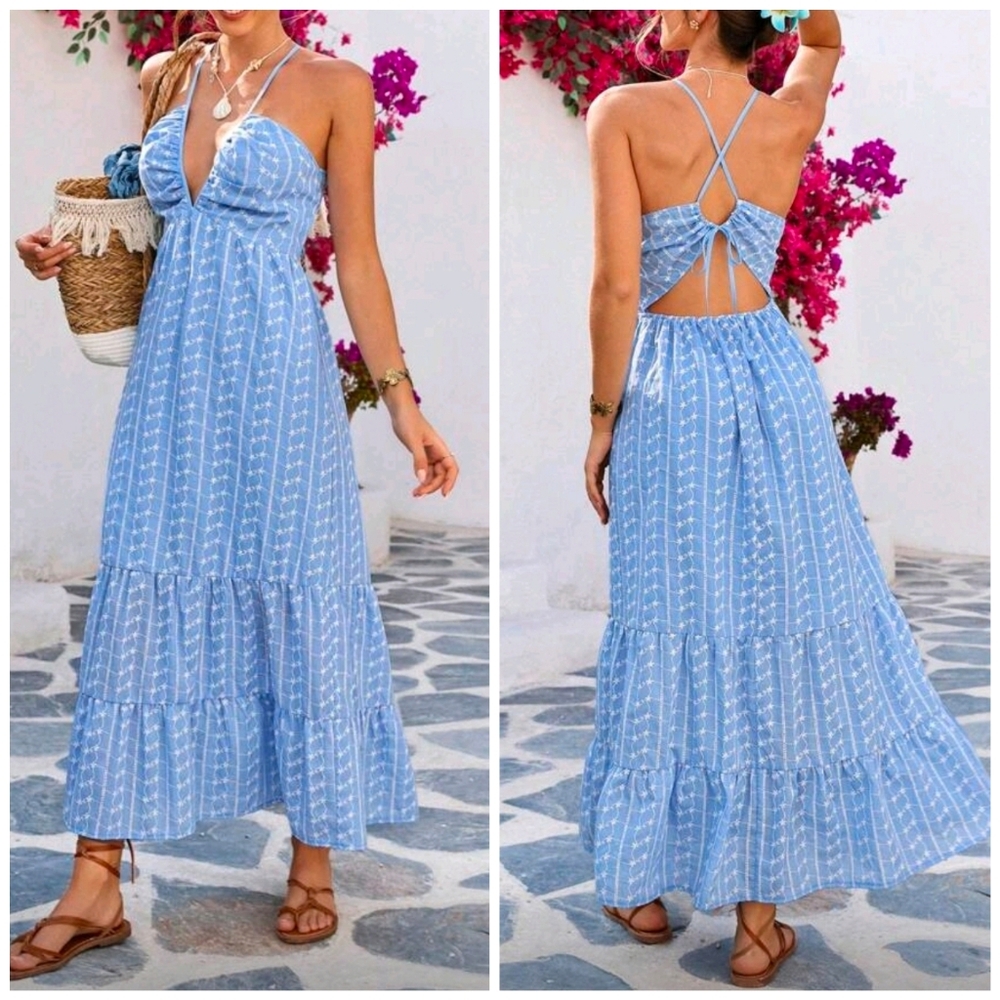 New Chic Embroidered Tie Back Ruffle Midi Dress Blue White